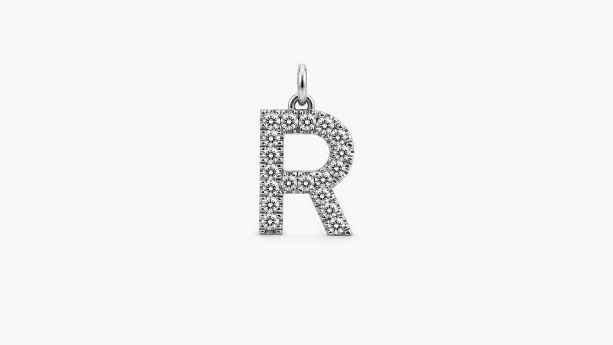 Large Diamond Initial Pendant — R — White Gold