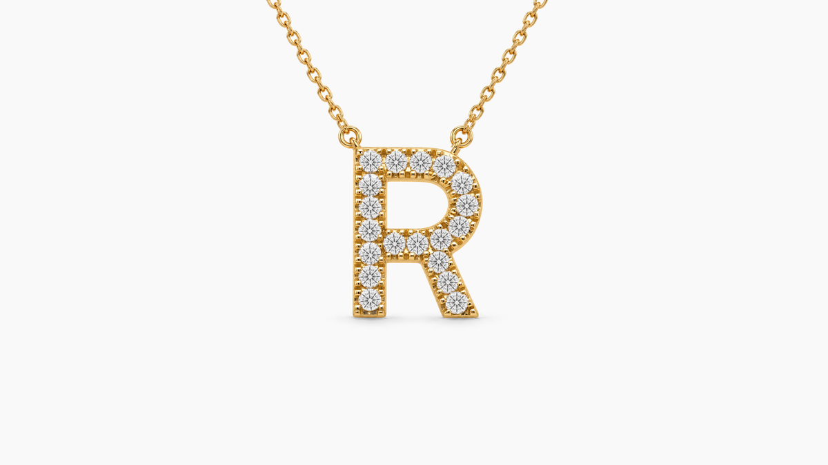 Large Diamond Initial with Chain — R — Yellow Gold
