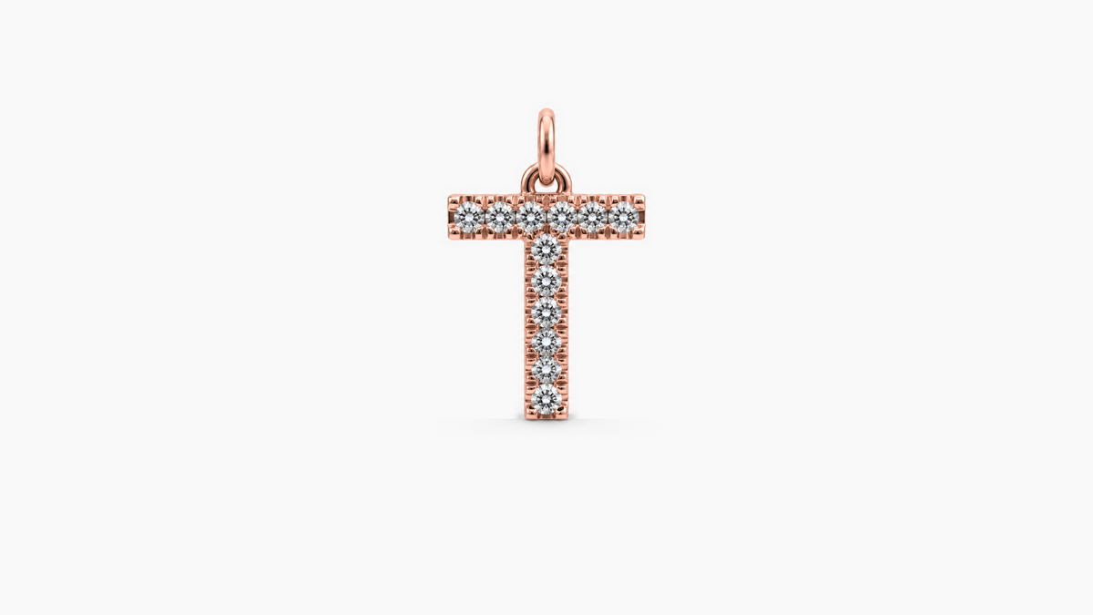 Large Diamond Initial Pendant — T — Rose Gold