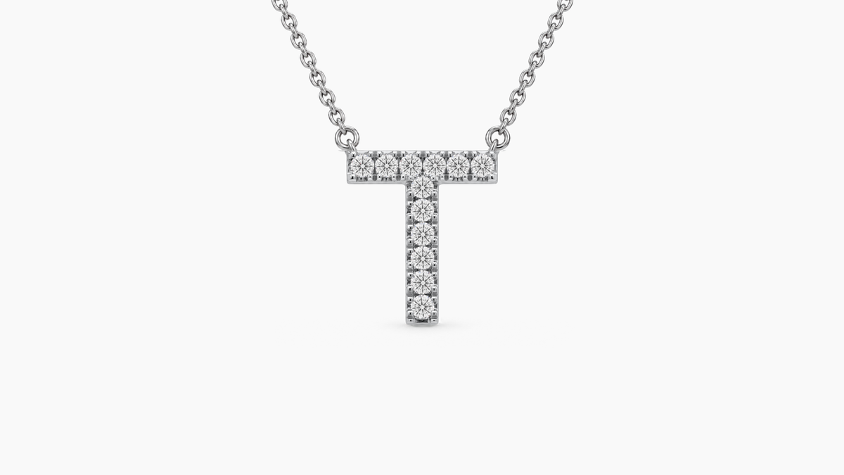 Large Diamond Initial with Chain — T — White Gold