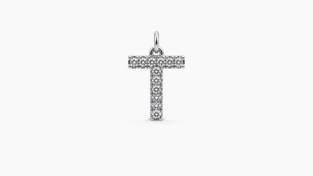 Large Diamond Initial Pendant — T — White Gold