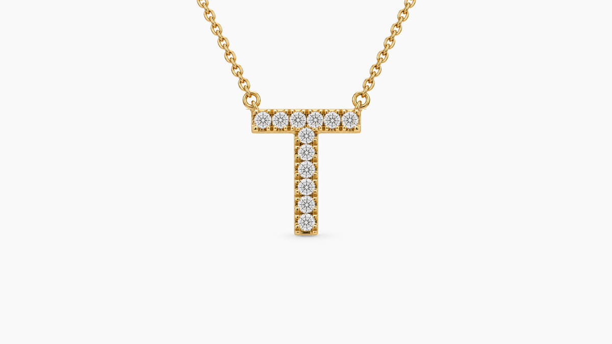 Large Diamond Initial with Chain — T — Yellow Gold