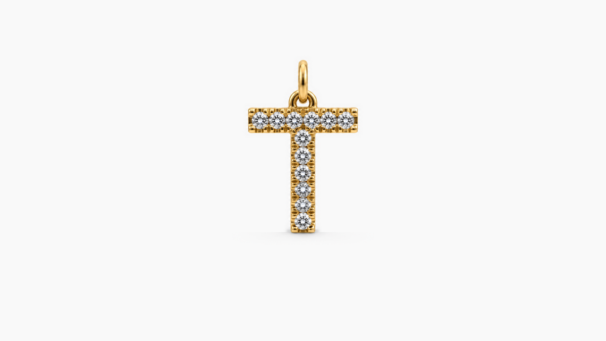 Large Diamond Initial Pendant — T — Yellow Gold
