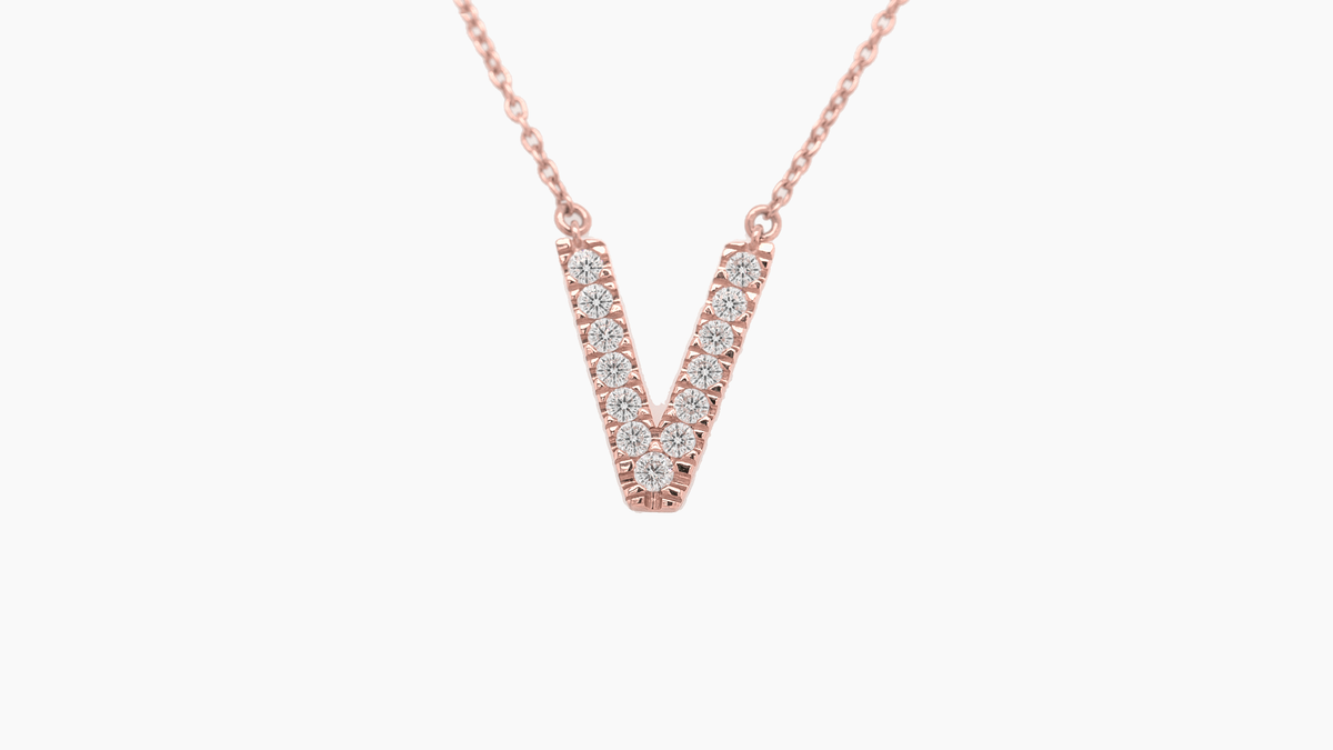 Large Diamond Initial with Chain — V — Rose Gold