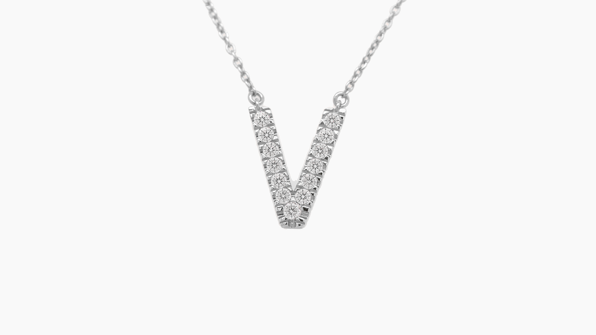 Large Diamond Initial with Chain — V — White Gold