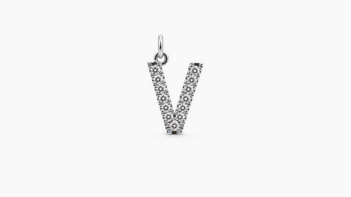 Large Diamond Initial Pendant — V — White Gold