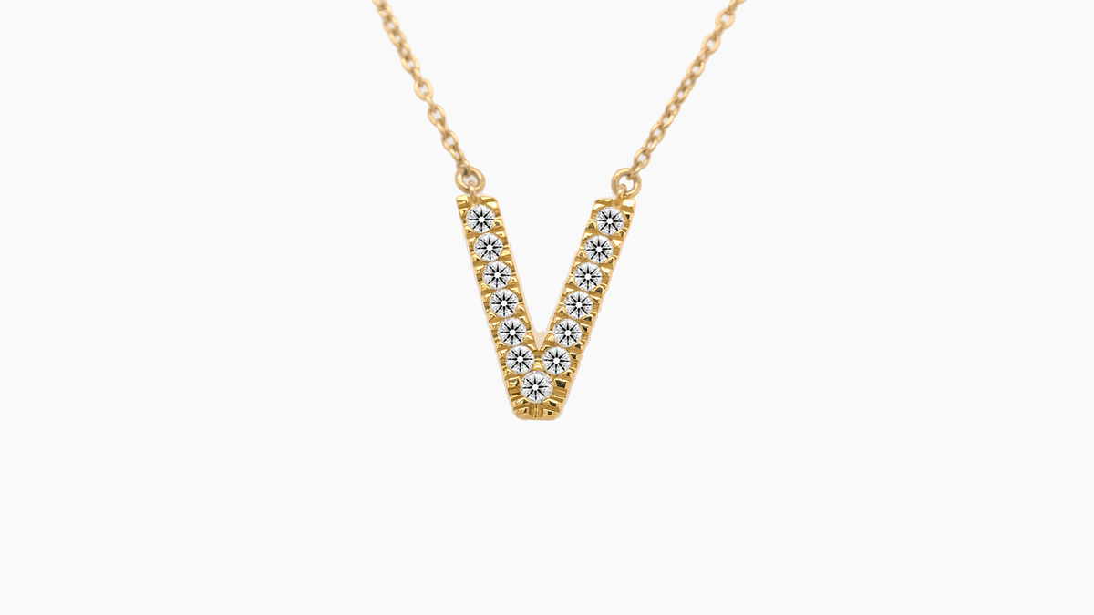Large Diamond Initial with Chain — V — Yellow Gold