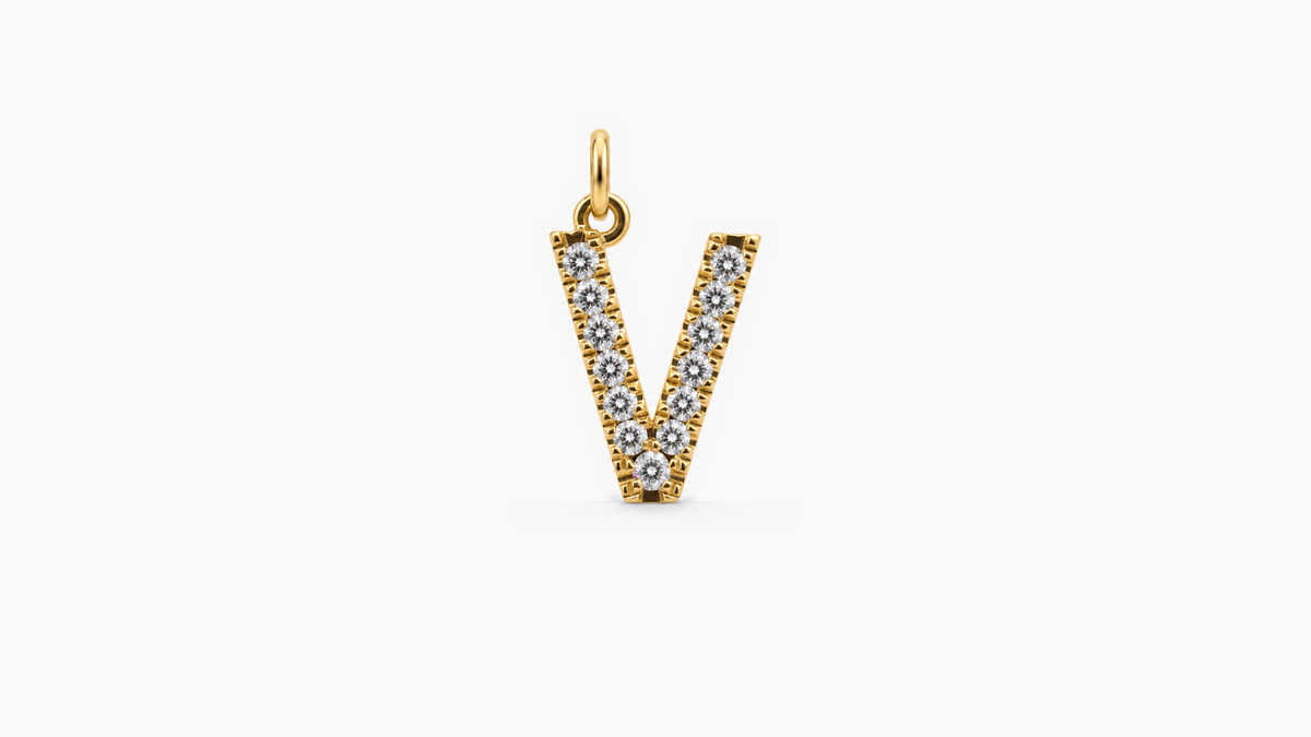 Large Diamond Initial Pendant — V — Yellow Gold