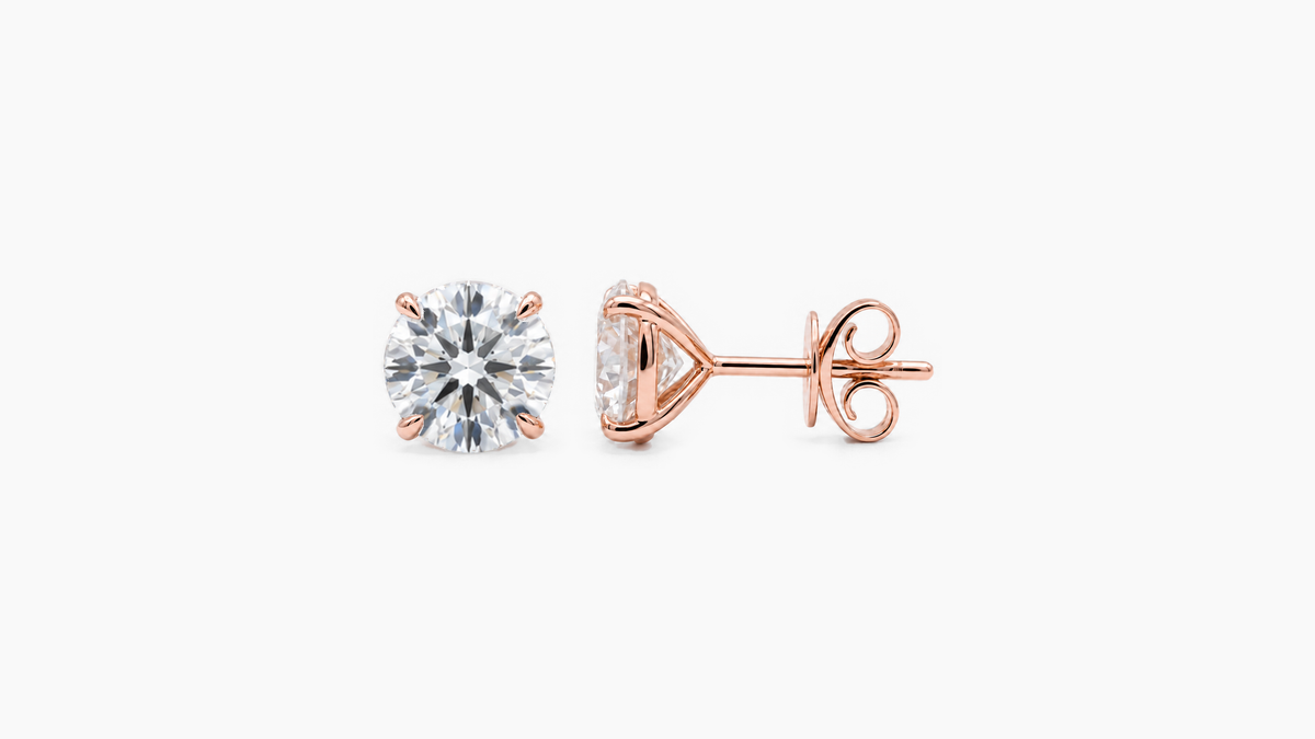 7.5mm Round Lab Diamond Butterfly-Back Studs in rose gold — front and side views