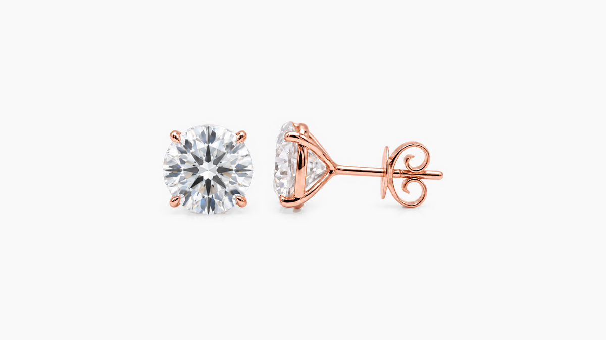 8.5mm Round Lab Diamond Butterfly-Back Studs in rose gold — front and side views