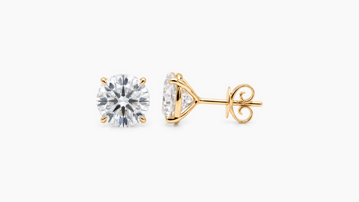 8.5mm Round Lab Diamond Butterfly-Back Studs in yellow gold — front and side views