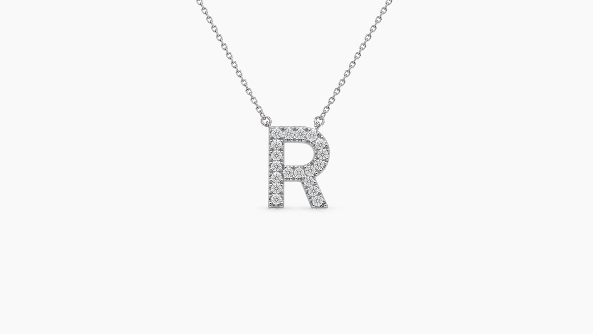 Small Diamond Initial with Chain — R — White Gold