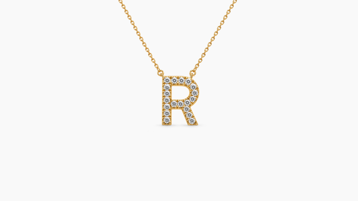 Small Diamond Initial with Chain — R — Yellow Gold