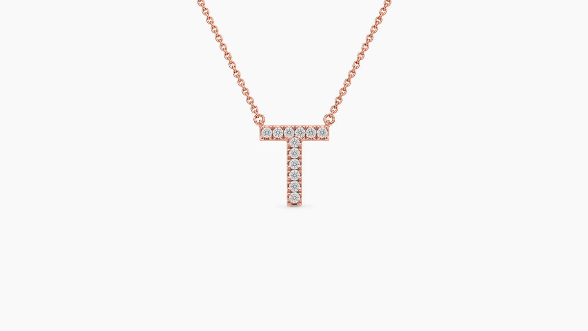 Small Diamond Initial with Chain — T — Rose Gold