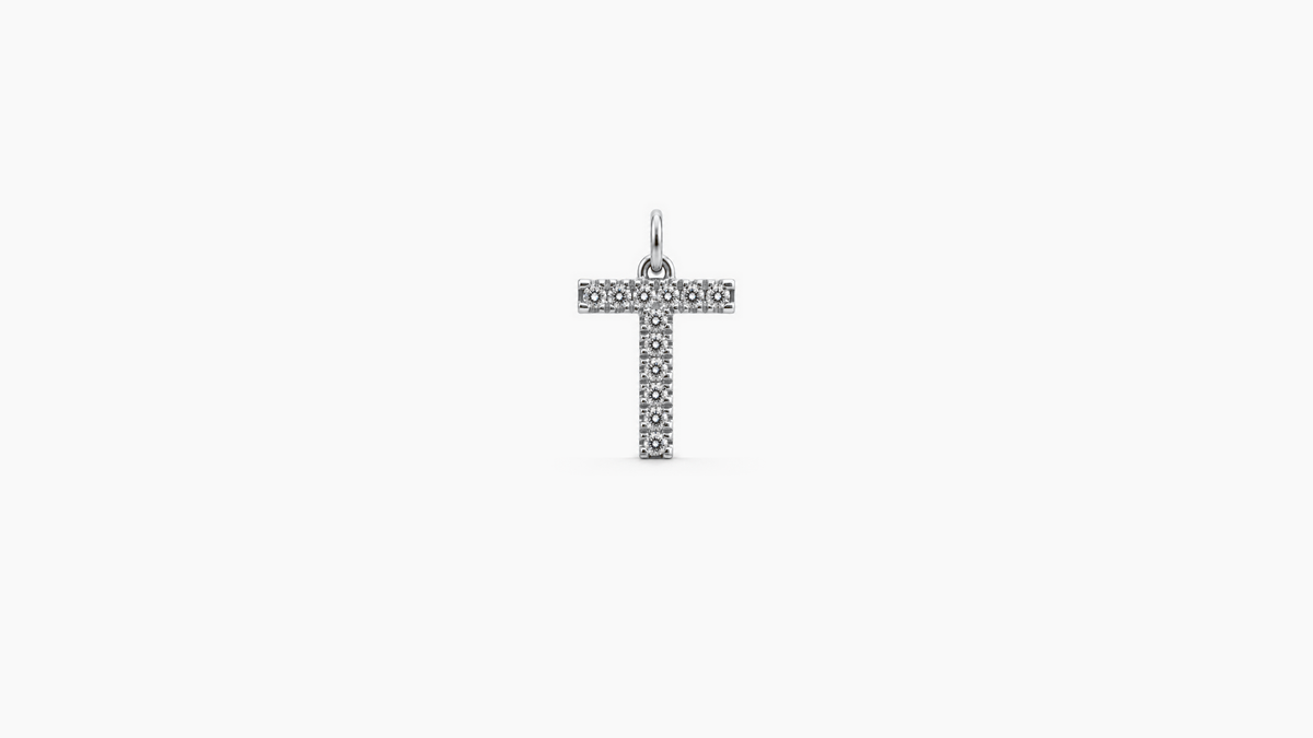 Small Diamond Initial Pendant — T — White Gold