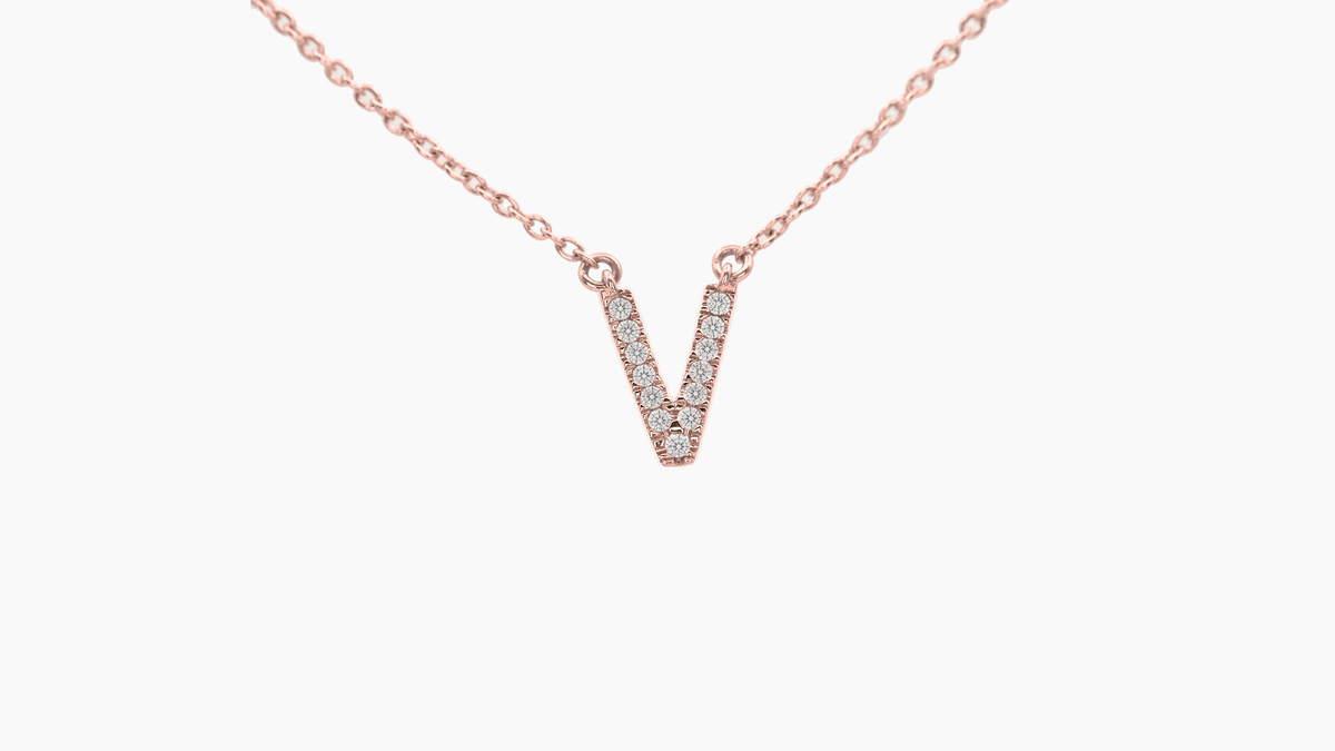 Small Diamond Initial with Chain — V — Rose Gold