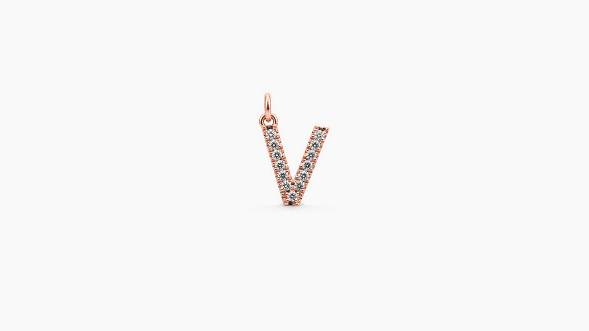 Small Diamond Initial Pendant — V — Rose Gold