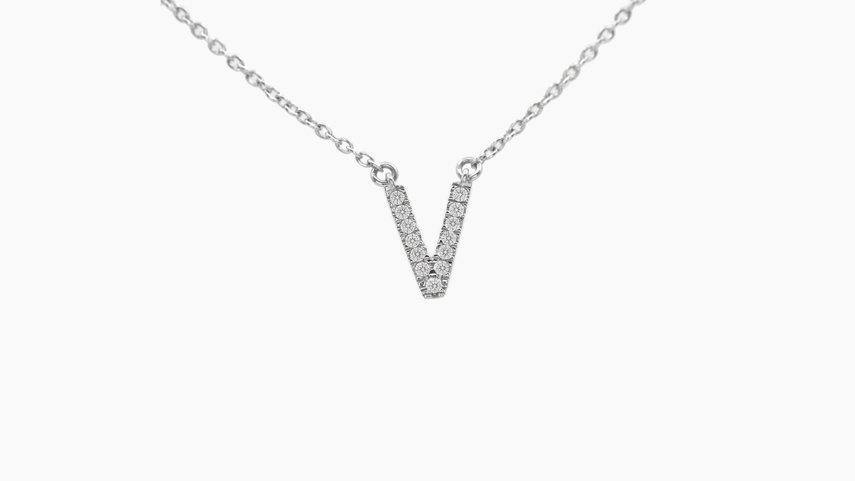 Small Diamond Initial with Chain — V — White Gold