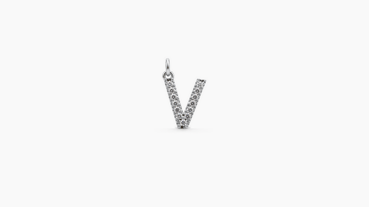 Small Diamond Initial Pendant — V — White Gold