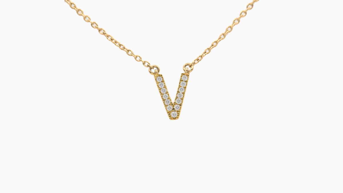 Small Diamond Initial with Chain — V — Yellow Gold