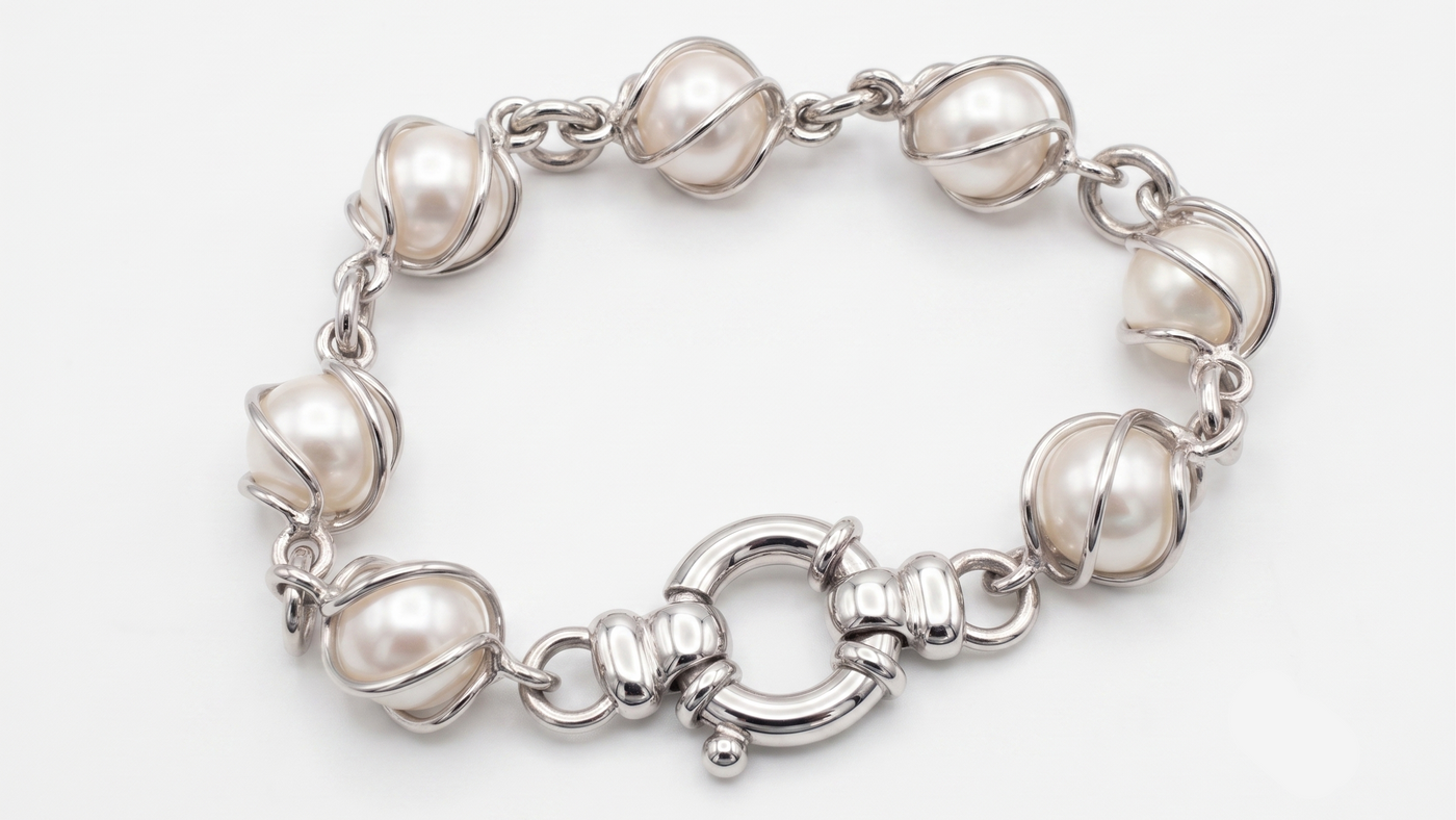 White Freshwater Pearl Wire Cage Bracelet — front view